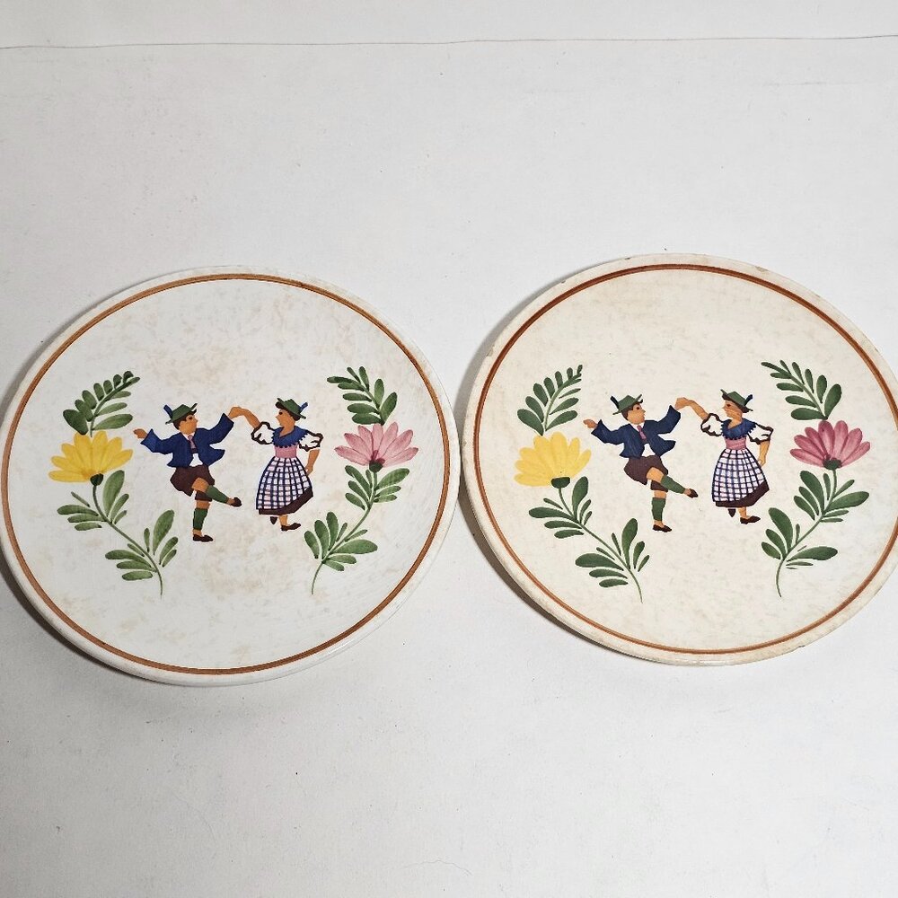 Alpine Peasant Ware Set Of 2 Hand Painted Dancing Couple Plates Germany Cottage